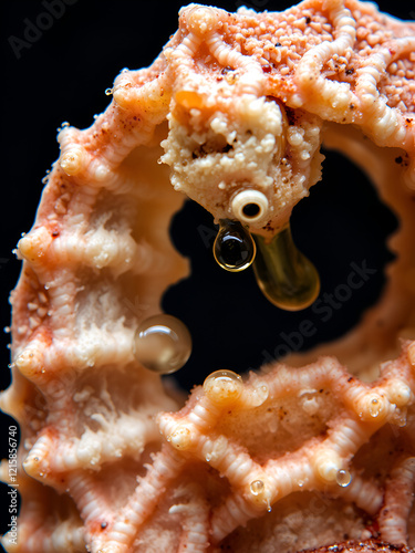 A tight shot of a seahorse's calcified body with droplets of water clinging to its inner shell photo