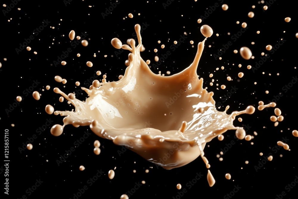 Creamy liquid splashing against black background, droplets suspended in mid-air. Perfect for coffee, milk, or beverage advertisements emphasizing freshness and texture. Creamy liquid splashing against black background, droplets suspended in mid-air. Perfect for coffee, milk, or beverage advertisements emphasizing freshness and texture.