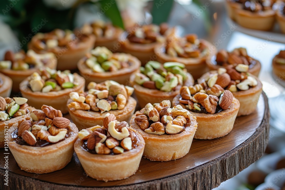 Assorted mini tarts with various nuts and caramel. Perfect for showcasing delicious pastries and sweet treats at events. Assorted mini tarts with various nuts and caramel. Perfect for showcasing delicious pastries and sweet treats at events.