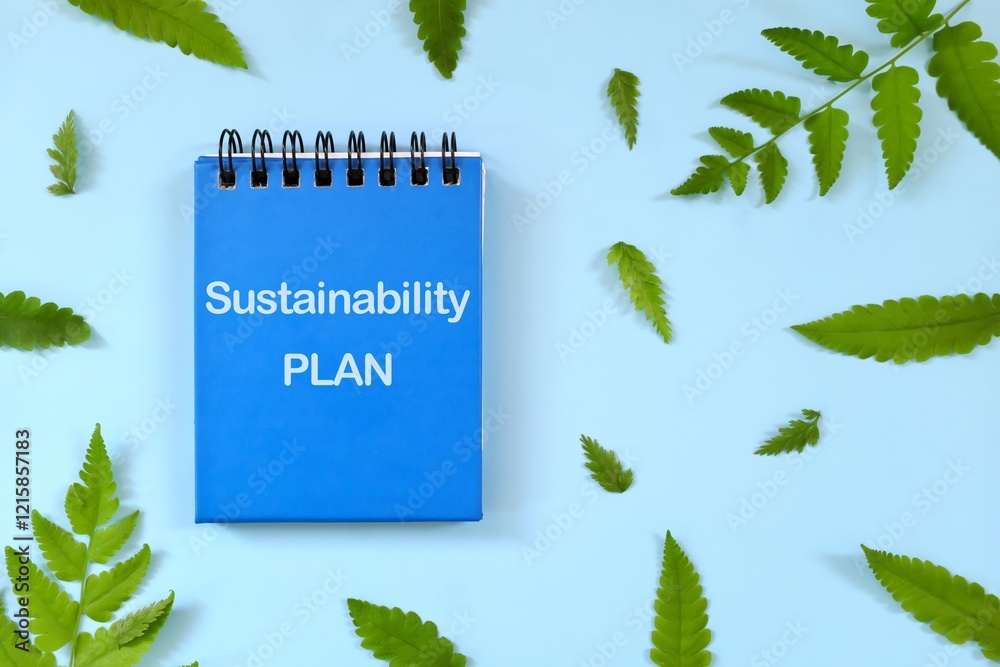 Sustainability plan, goal and roadmap of a business organization concept. Notepad in blue background.