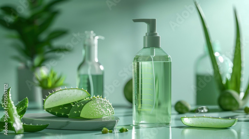 Petri dish with Aloe vera slices and unlabeled pump bottle photo