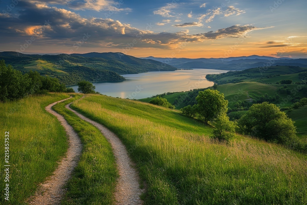 Sunset over a serene lake and rolling hills, viewed from a winding dirt road. Sunset over a serene lake and rolling hills, viewed from a winding dirt road.