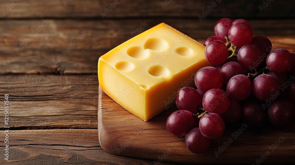 A rustic wooden table adorned with an assortment of rich yellow cheeses, a bunch of deep maroon grapes, and a warm, inviting ambiance, perfect for a gourmet feast or elegant wine pairing A rustic wooden table adorned with an assortment of rich yellow cheeses, a bunch of deep maroon grapes, and a warm, inviting ambiance, perfect for a gourmet feast or elegant wine pairing