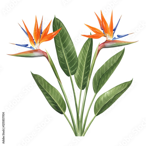 Elegant Bird of Paradise Flowers Watercolor Botanical Illustration Blue Plant Green Exotic Orange   