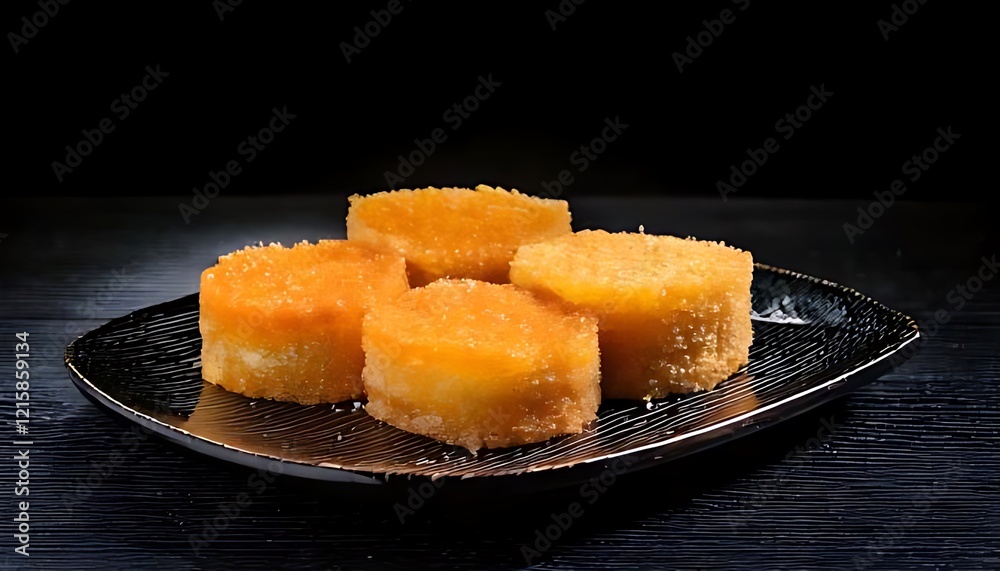 small round orange cakes sit on a black patterned plate.