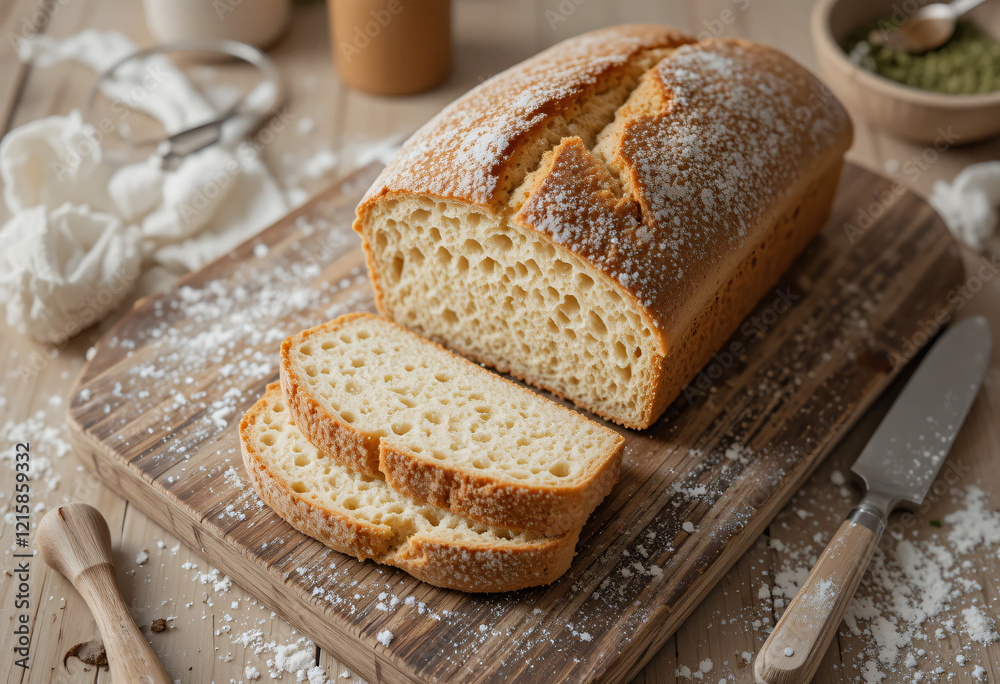 Artisanal Bread on Rustic Cutting Board in Cozy Kitchen Artisanal Bread on Rustic Cutting Board in Cozy Kitchen