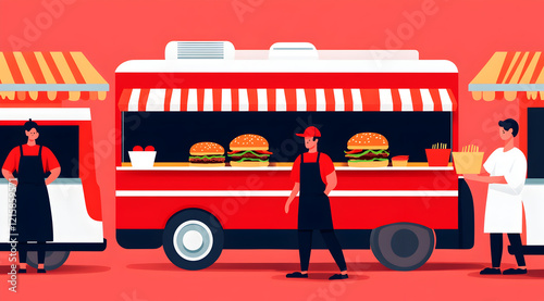 A colorful illustration of a food truck serving burgers, with staff in uniforms and nearby food carts, set against a vibrant background.