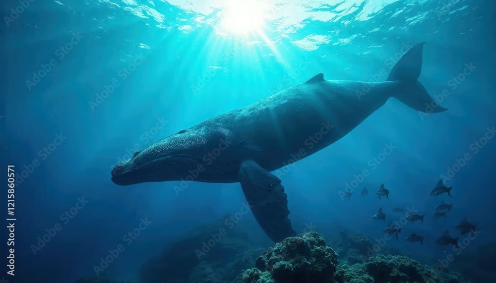 Obraz premium Ocean Majesty: A majestic humpback whale glides gracefully through the crystal-clear ocean waters, sunlight illuminating its massive form. Small fish swim nearby.