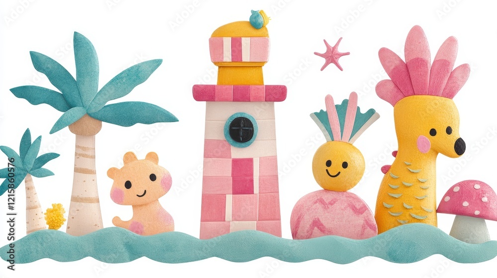 Fototapeta premium Whimsical Tropical Island Scene with Cartoon Animals and Lighthouse