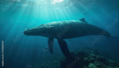 Oceanic Majesty: A humpback whale, majestic and serene, glides effortlessly through the sun-drenched depths of the ocean, its immense form silhouetted against the vibrant blue water.