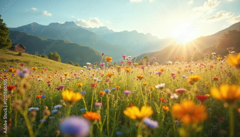 Fototapeta premium Sun-Kissed Mountain Meadow: A vibrant wildflower meadow bathed in the golden light of the setting sun against a backdrop of majestic mountain peaks.