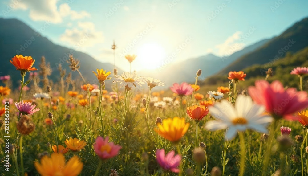 Fototapeta premium Vibrant Wildflower Meadow at Sunrise: A breathtaking panorama of a colorful wildflower meadow bathed in the golden light of sunrise, with majestic mountains forming a dramatic backdrop.