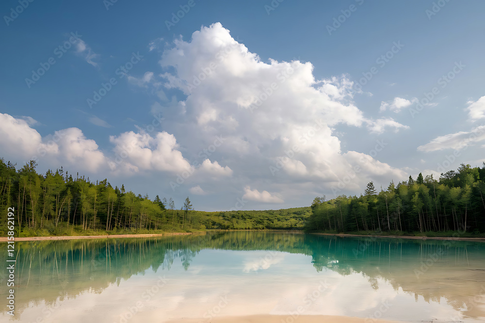 Fototapeta premium Serene River Winding Through Lush Misty Forest. Beautiful nature with rivers and mountains. Reflecting in Crystal water and nature