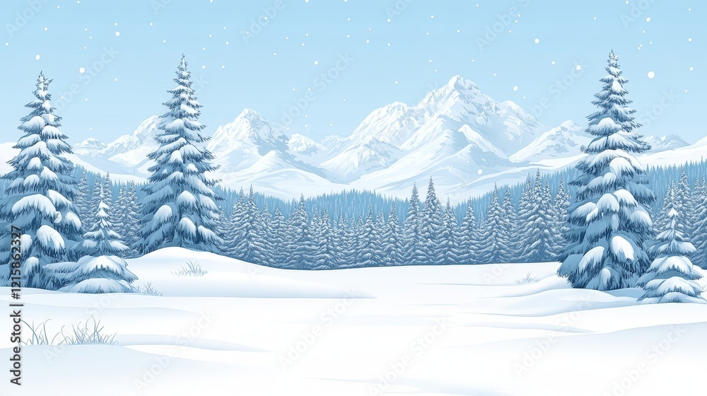 Snow-covered mountain range with snow-laden evergreens and falling snow Snow-covered mountain range with snow-laden evergreens and falling snow