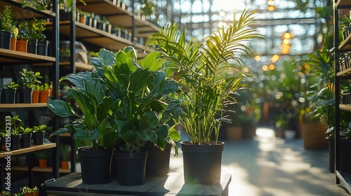 Potted plants on display in sunny garden center greenhouse