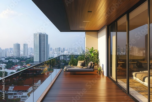 Modern balcony with city view, wooden deck, and comfortable seating. Perfect for showcasing luxury real estate, architecture, or relaxation.