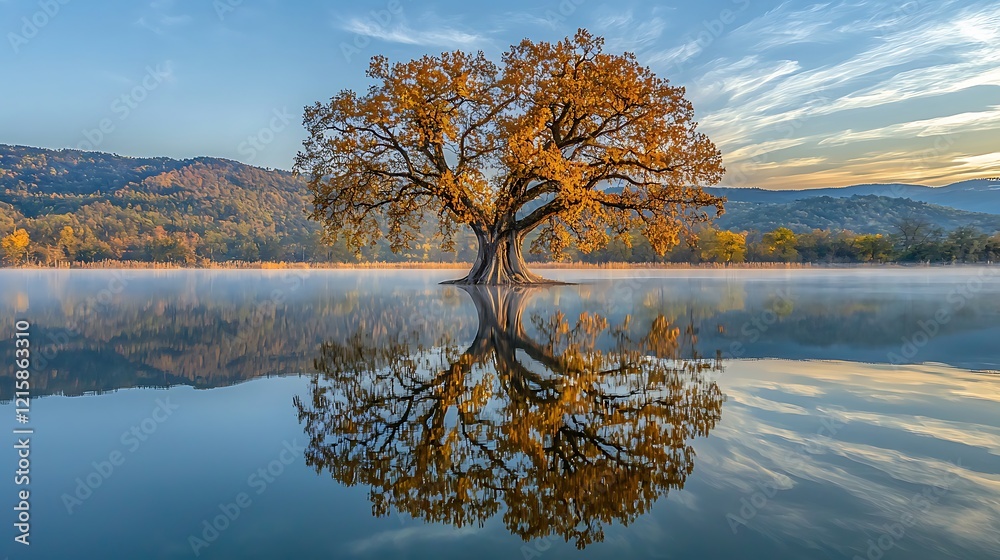Obraz premium Autumn Oak Tree Reflecting in Calm Lake at Dawn