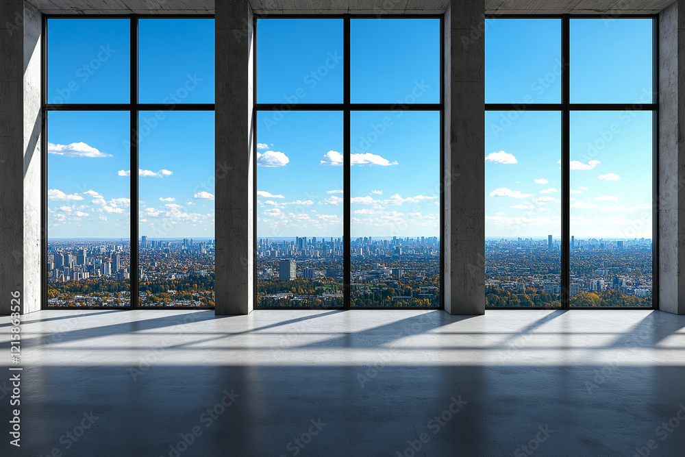 Fototapeta premium Modern interior with large windows showcasing city skyline view. concrete pillars and bright blue sky create spacious and airy atmosphere