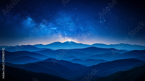 Wallpaper Mural Starry sky over mountains at night with Milky Way galaxy visible in the distance dark blue and white background minimalistic bright tone modern blurred empty blank caption space on the side

 Torontodigital.ca