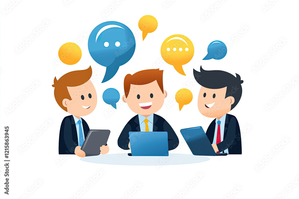 Three cartoon businessmen in suits having lively discussion with speech bubbles above them, symbolizing teamwork and communication Three cartoon businessmen in suits having lively discussion with speech bubbles above them, symbolizing teamwork and communication