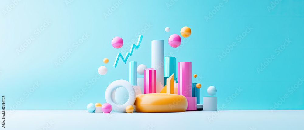 Colorful 3D business graphs and abstract shapes floating on blue background, evoking creativity and innovation