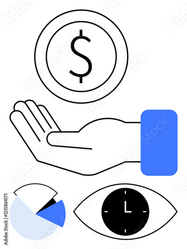 Outstretched hand receiving coin, pie chart, clock inside eye. Ideal for finance, budgeting, time management, productivity, focus, economic decisions abstract line flat metaphor