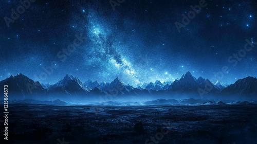 Starry sky over mountains at night with Milky Way galaxy visible in the distance dark blue and white background minimalistic bright tone modern blurred empty blank caption space on the side

