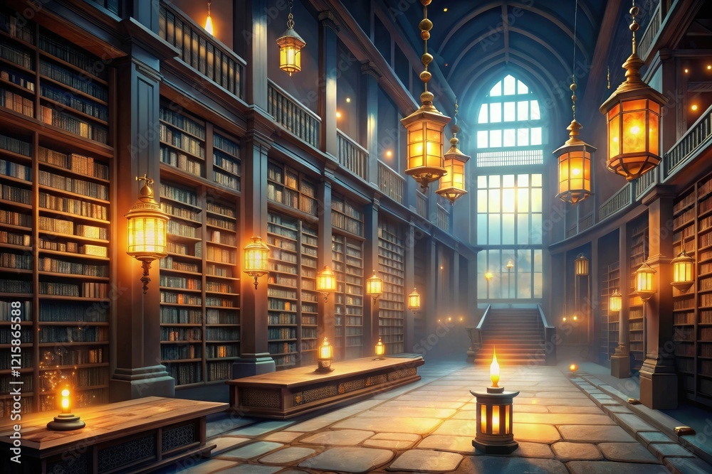Obraz premium Anime-style depiction of a mystical library with ancient tomes and glowing lanterns, mysticism, library, bookstore, ancient tomes