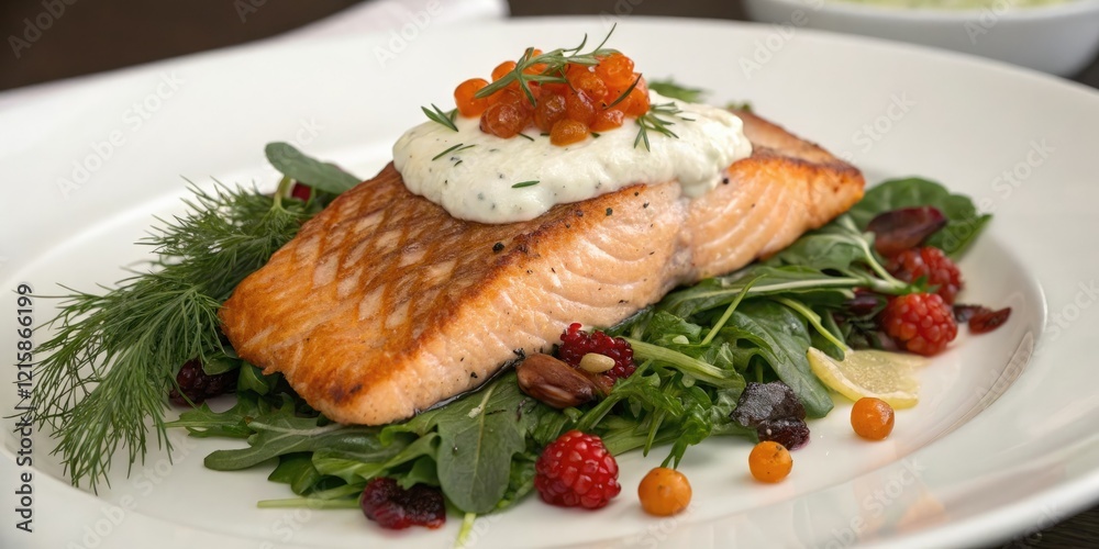 Arctic char fillet placed atop a bed of mixed greens with a dollop of creamy sauce and garnished with fresh herbs and cloudberries, nutritious food, fish, herb-infused sauce Arctic char fillet placed atop a bed of mixed greens with a dollop of creamy sauce and garnished with fresh herbs and cloudberries, nutritious food, fish, herb-infused sauce