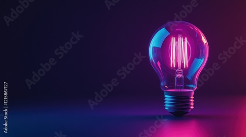 A glowing lightbulb with neon pink and blue hues on a dark gradient background