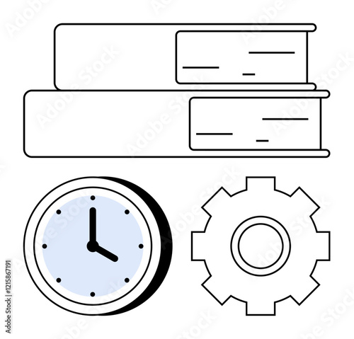 Stacked books, clock with blue face, and gear. Ideal for education, time management, productivity, learning, planning, work-life balance abstract line flat metaphor