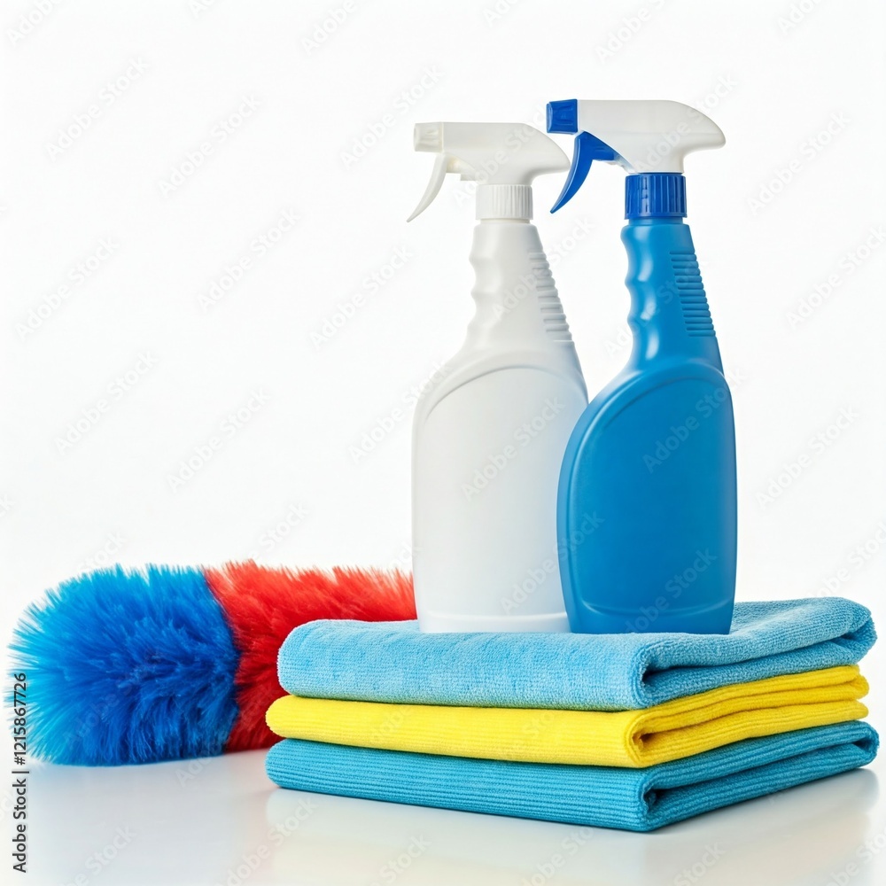 blue and yellow cleaning supplies and dusting brush on white background blue and yellow cleaning supplies and dusting brush on white background