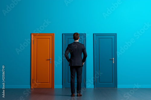 businessman in suit stands in front of three colorful doors, contemplating his choices. vibrant colors create striking contrast against blue wall, evoking sense of decision making and opportunity