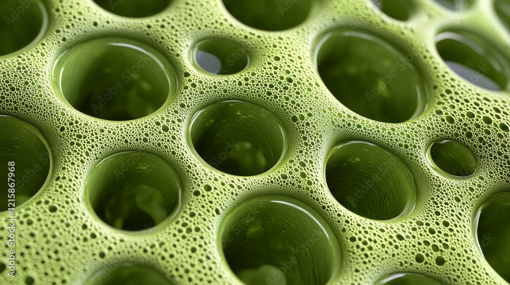 Abstract Green Cellular Structure with Organic Bubble Formation and Microscopic Texture, Detailed 3D Render Highlighting Unique Porous Patterns, Nature-Inspired Geometric Design Abstract Green Cellular Structure with Organic Bubble Formation and Microscopic Texture, Detailed 3D Render Highlighting Unique Porous Patterns, Nature-Inspired Geometric Design