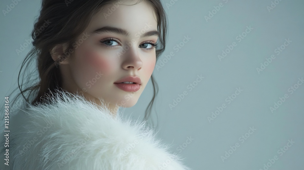 Soft light illuminates a woman wearing a fluffy white shawl calm serene portrait. AI Generated Soft light illuminates a woman wearing a fluffy white shawl calm serene portrait. AI Generated