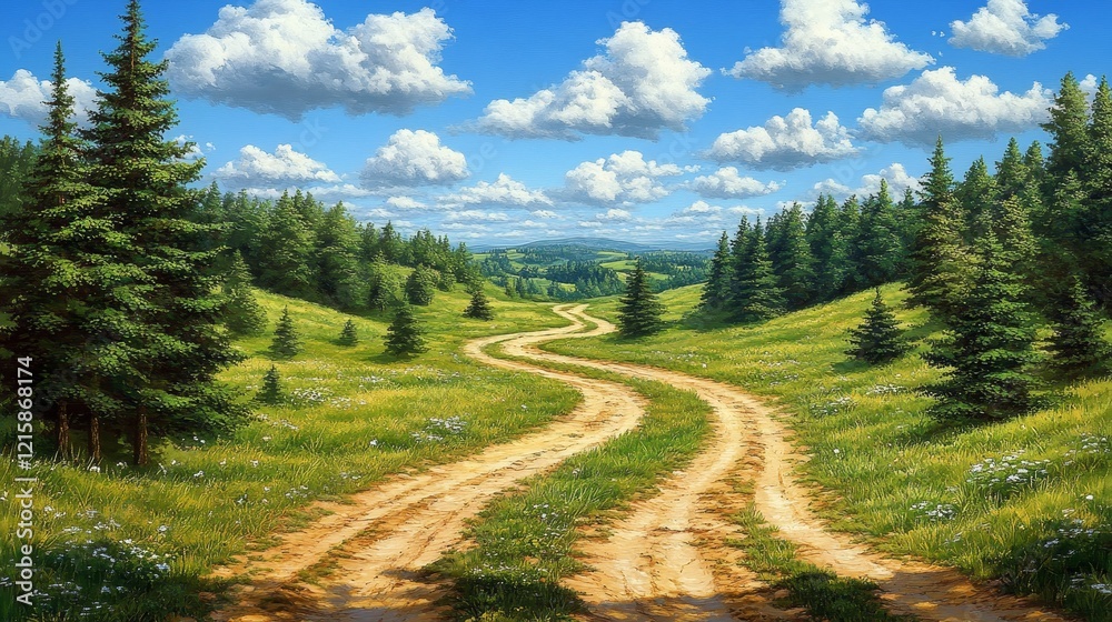 Fototapeta premium Serene Summer Landscape Winding Dirt Road Through Lush Green Hills and Coniferous Forest