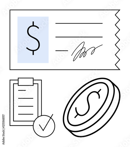 Dollar-printed check, gold coin, and signed checklist conveying financial transactions, payment confirmation, and budgeting. Ideal for finance, banking, transactions, accounting money validation