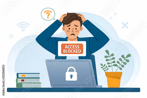 3D illustration wrong password isolated vector. Confused man forget password, businessman login laptop