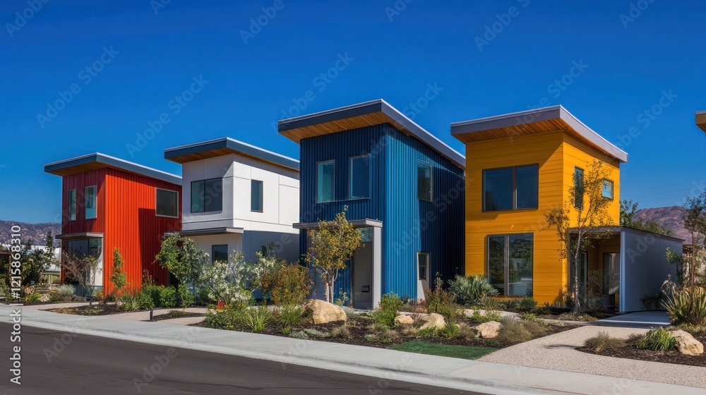 Colorful modern houses on a sunny street. Colorful modern houses on a sunny street.