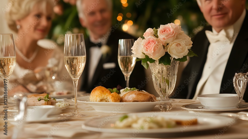 Elegant dinner party scene with champagne flutes, fine dining, and a centerpiece of pink roses. Blurred background shows well-dressed guests. Elegant dinner party scene with champagne flutes, fine dining, and a centerpiece of pink roses. Blurred background shows well-dressed guests.