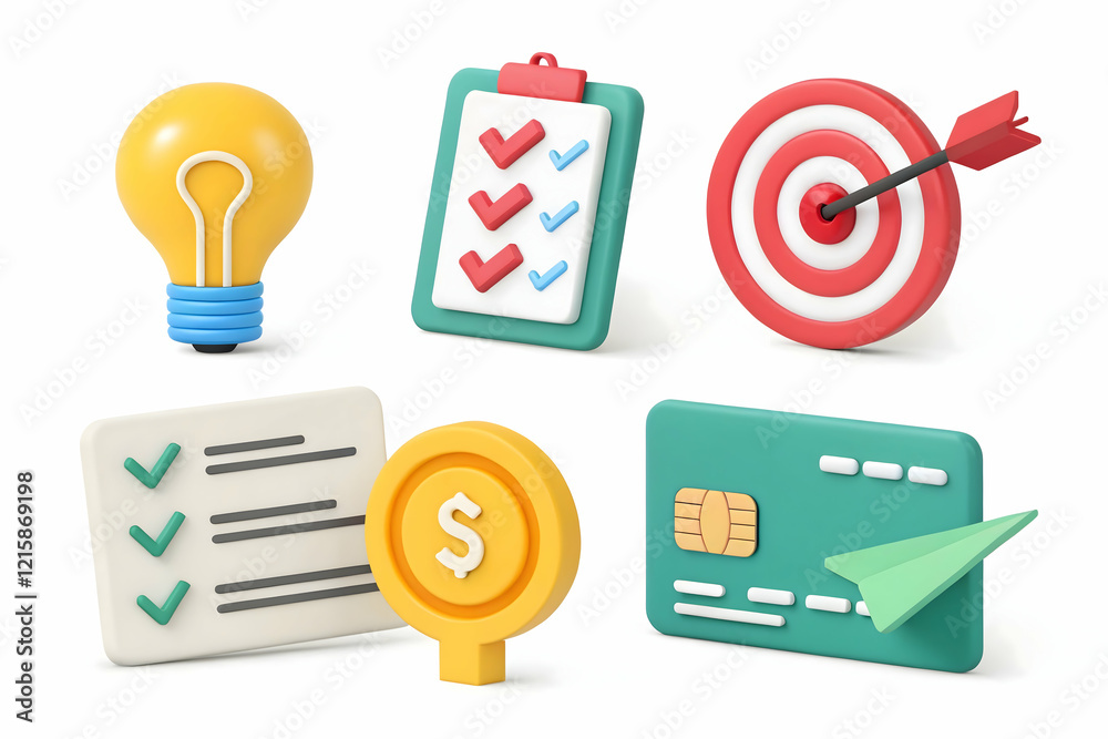 3d Business icons set. Realistic render illustration. Light bulb, target, checklist, credit card 3d Business icons set. Realistic render illustration. Light bulb, target, checklist, credit card