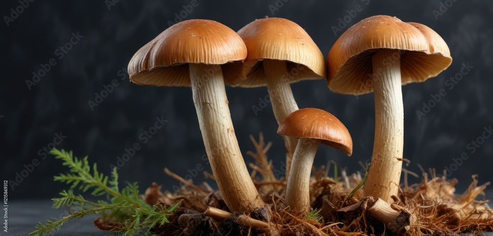 Fototapeta premium Boletus mushroom stem and gills on a dark gray background, gills, dark gray