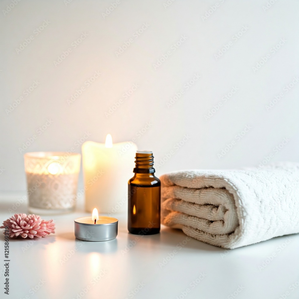 spa relaxation with white towels candles and essential oil bottle  on white surface