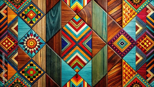 Bold, geometric patterns in bright, bold colors against a dark, rich wood grain background, wallpaper, art, minimalist, decor, geometric