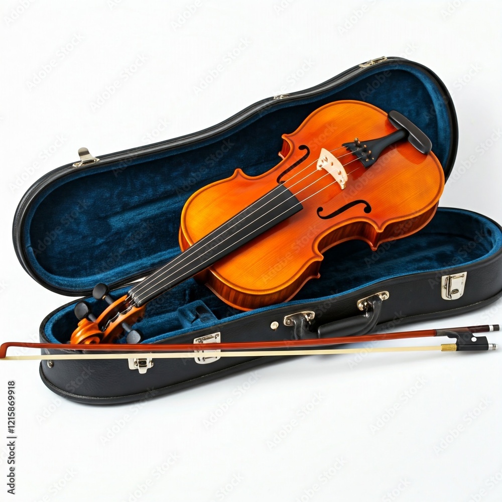Fototapeta premium violin in black case with blue interior and bow on white background