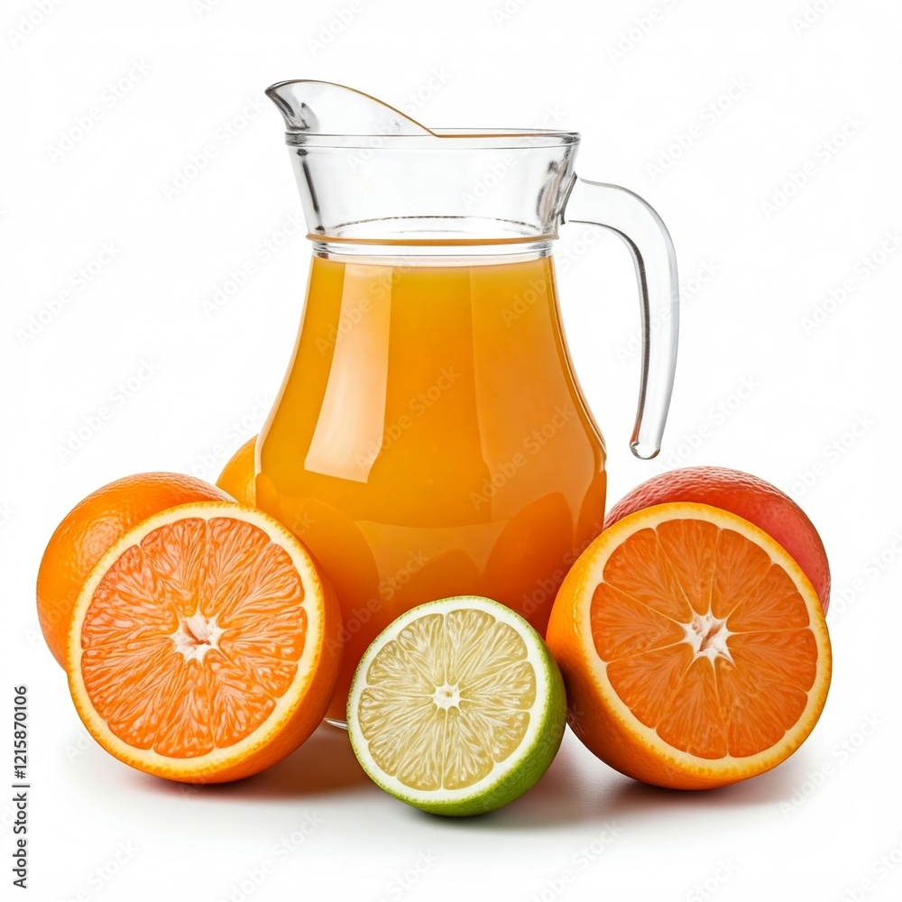 fresh orange juice pitcher with slices of oranges and limes on a white background fresh orange juice pitcher with slices of oranges and limes on a white background