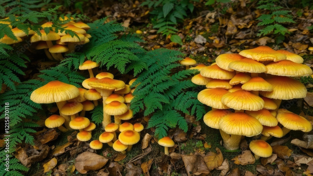 Chanterelle mushrooms growing abundantly in a lush forest setting, surrounded by ferns and fallen leaves, outdoor, ecosystem, earthy