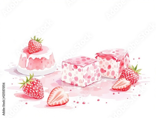 Charming watercolor drawing of strawberry jello delicacies, delicious, dessert