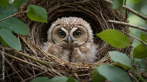A Forest Owlet Resting Comfortably in Its Hidden Nest of Leaves and Twigs