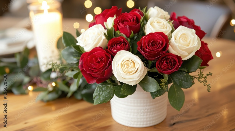 Obraz premium Red & white roses centerpiece on dining table with candlelight